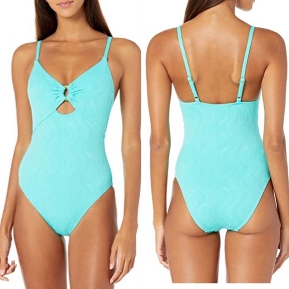 Trina Turk Cacais Wave Maillot Teal Blue 12 One Piece Bathing Suit Swimsuit - Picture 1 of 11